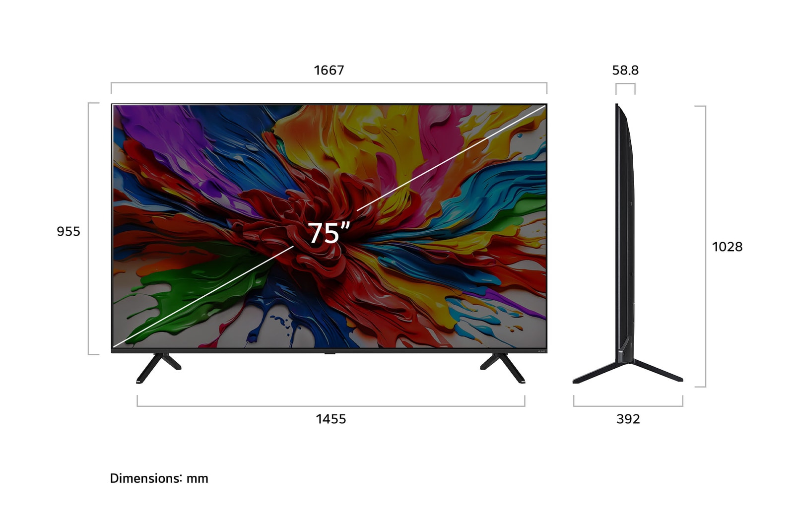 Front view and side view of LG QNED AI QNED92 4K Smart TV showing its length, width, height, and depth dimensions. 