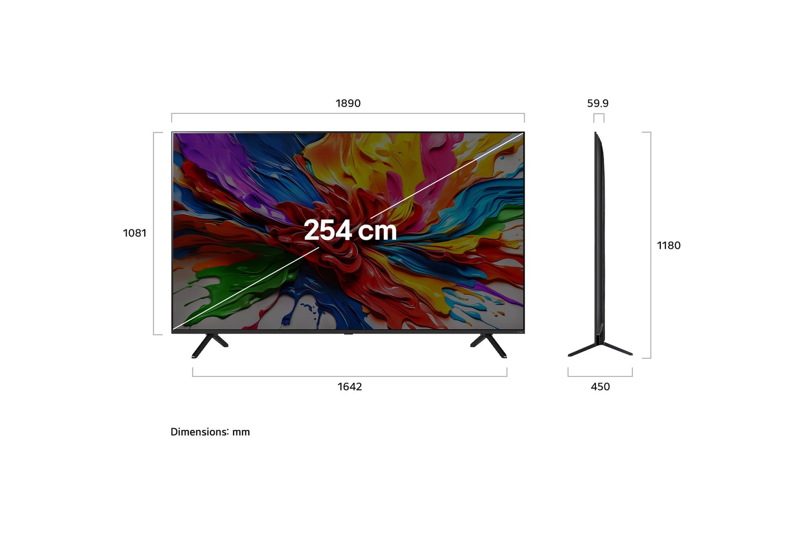 Front view and side view of LG QNED AI QNED92 4K Smart TV showing its length, width, height, and depth dimensions. 