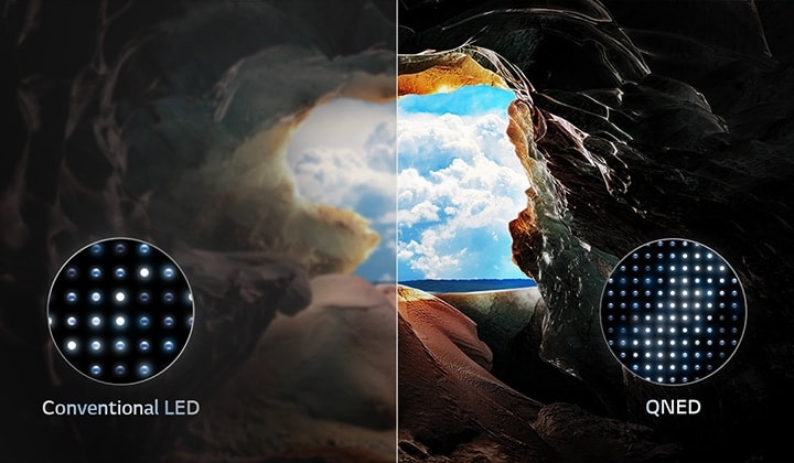 Perspective from the inside of a cave looking out to its entrance where a blue sky and horizon can be seen. The whole scene is split in half to show the capability of QNED's Advanced Local Dimming. On one side, the colors and detail are washed out and the visuals seem muddy. The label says, Conventional LED. The other side has great blacks, better contrast, brightness and color. The label says Advanced Local Dimming.