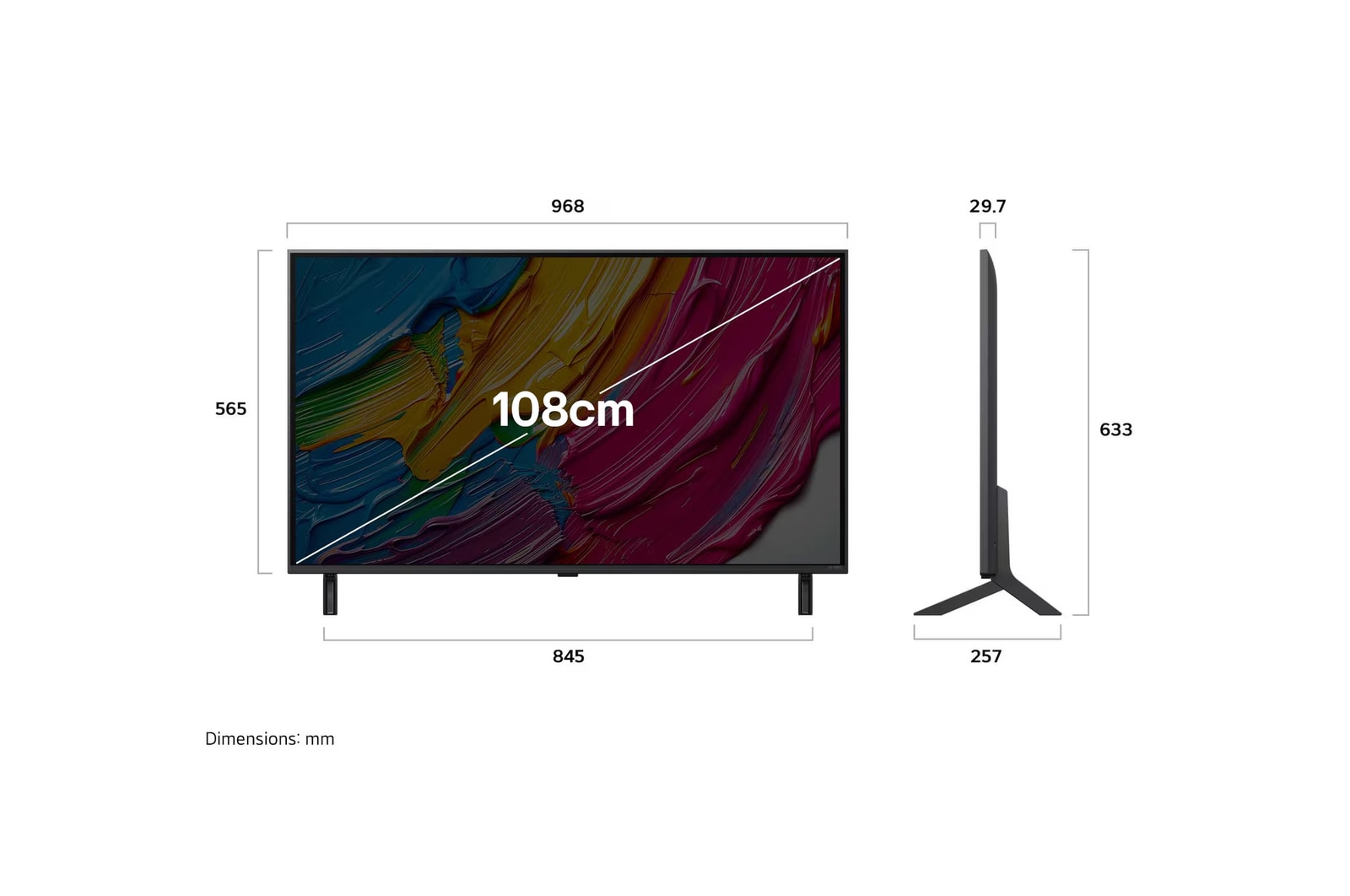 Front view and side view of LG QNED AI QNED80 4K Smart TV showing its length, width, height, and depth dimensions.