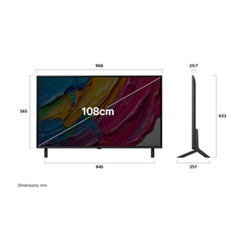 Front view and side view of LG QNED AI QNED80 4K Smart TV showing its length, width, height, and depth dimensions.