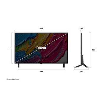 Front view and side view of LG QNED AI QNED80 4K Smart TV showing its length, width, height, and depth dimensions. 