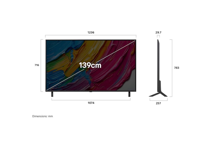 Front view and side view of LG QNED AI QNED80 4K Smart TV showing its length, width, height, and depth dimensions.