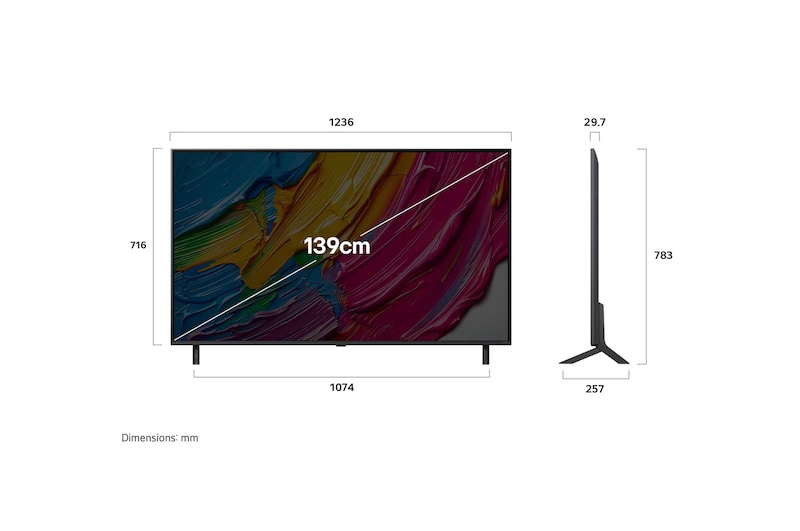 Front view and side view of LG QNED AI QNED80 4K Smart TV showing its length, width, height, and depth dimensions. 