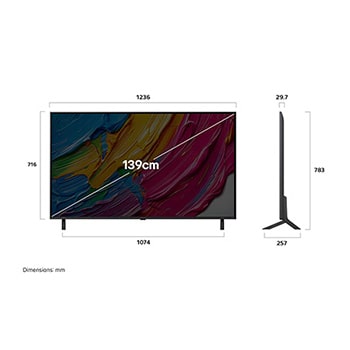 Front view and side view of LG QNED AI QNED80 4K Smart TV showing its length, width, height, and depth dimensions. 