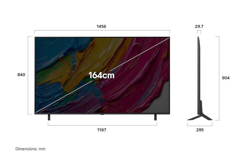 Front view and side view of LG QNED AI QNED80 4K Smart TV showing its length, width, height, and depth dimensions.