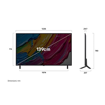 Front view and side view of LG QNED AI QNED80 4K Smart TV showing its length, width, height, and depth dimensions.