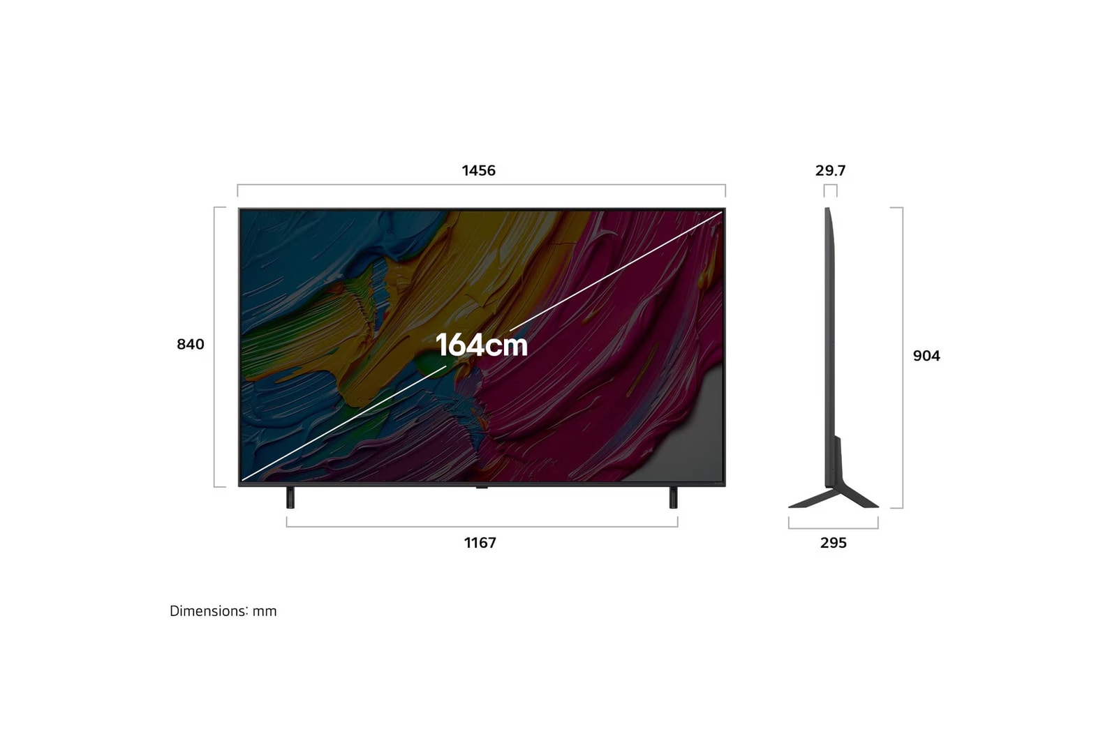 Front view and side view of LG QNED AI QNED80 4K Smart TV showing its length, width, height, and depth dimensions. 