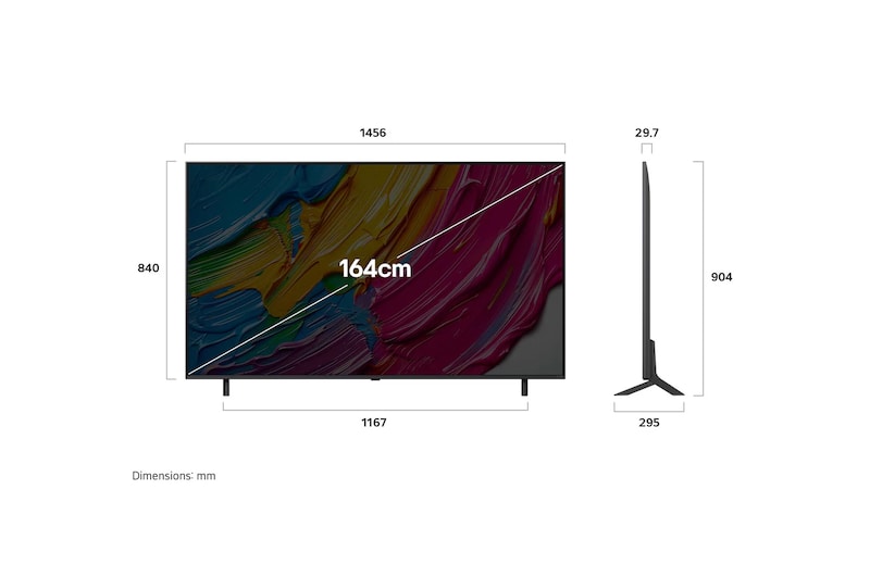 Front view and side view of LG QNED AI QNED80 4K Smart TV showing its length, width, height, and depth dimensions. 