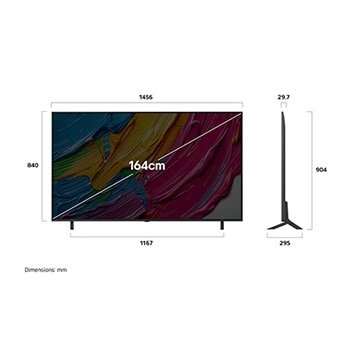 Front view and side view of LG QNED AI QNED80 4K Smart TV showing its length, width, height, and depth dimensions. 