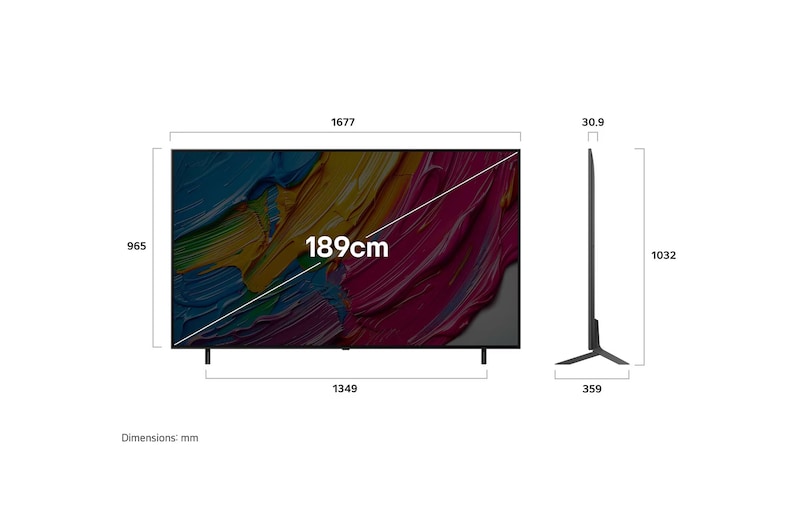 Front view and side view of LG QNED AI QNED80 4K Smart TV showing its length, width, height, and depth dimensions. 