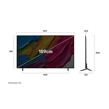Front view and side view of LG QNED AI QNED80 4K Smart TV showing its length, width, height, and depth dimensions. 