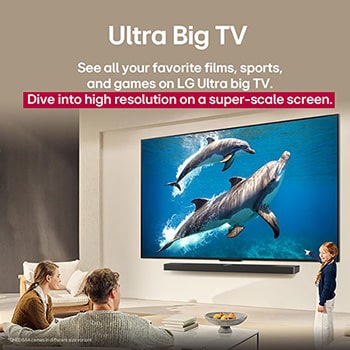 A family sits on a couch facing a LG QNED TV mounted on a wall above a LG Soundbar with a little girl pointing to a screen depicting two dolphins. The title talks about how every action is more thrilling on a massive screen.