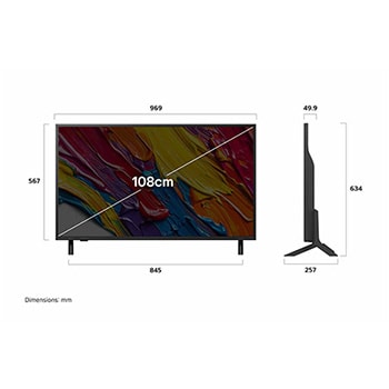 Front view and side view of LG QNED82 AI 4K Smart TV showing its length, width, height, and depth dimensions.