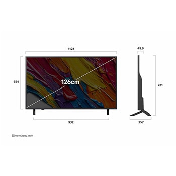 Front view and side view of LG QNED82 AI 4K Smart TV showing its length, width, height, and depth dimensions.