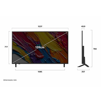 Front view and side view of LG QNED82 AI 4K Smart TV showing its length, width, height, and depth dimensions.