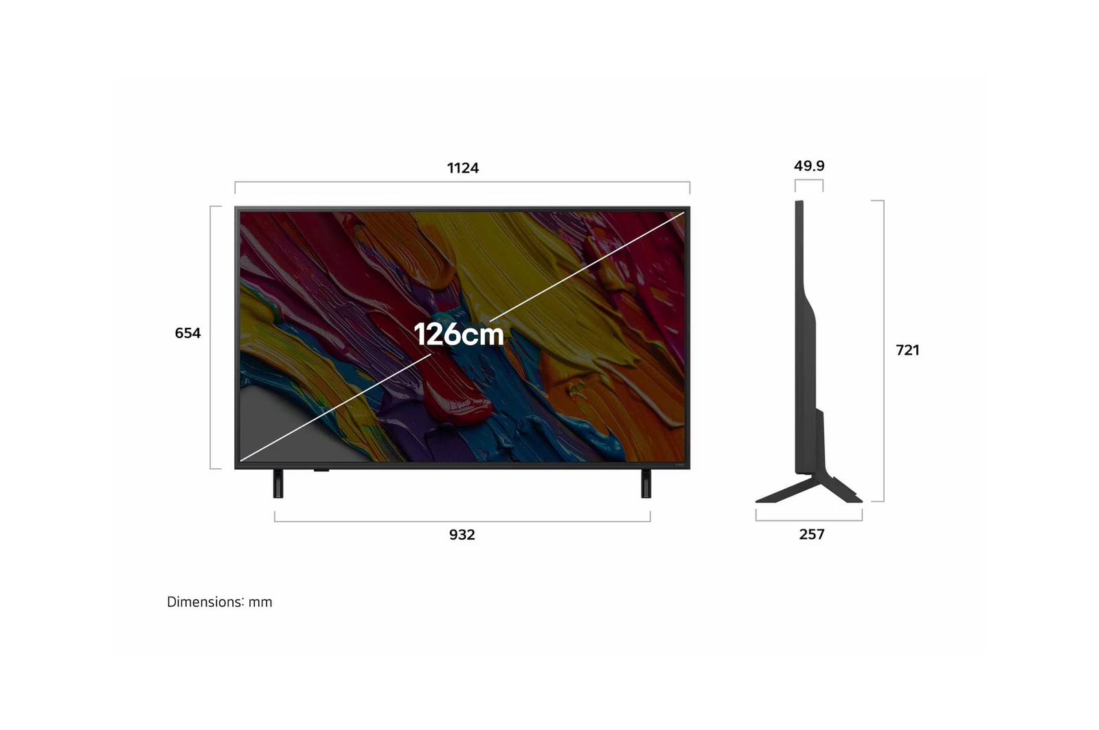 Front view and side view of LG QNED82 AI 4K Smart TV showing its length, width, height, and depth dimensions.