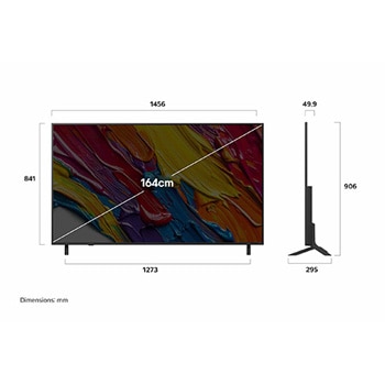 Front view and side view of LG QNED82 AI 4K Smart TV showing its length, width, height, and depth dimensions.