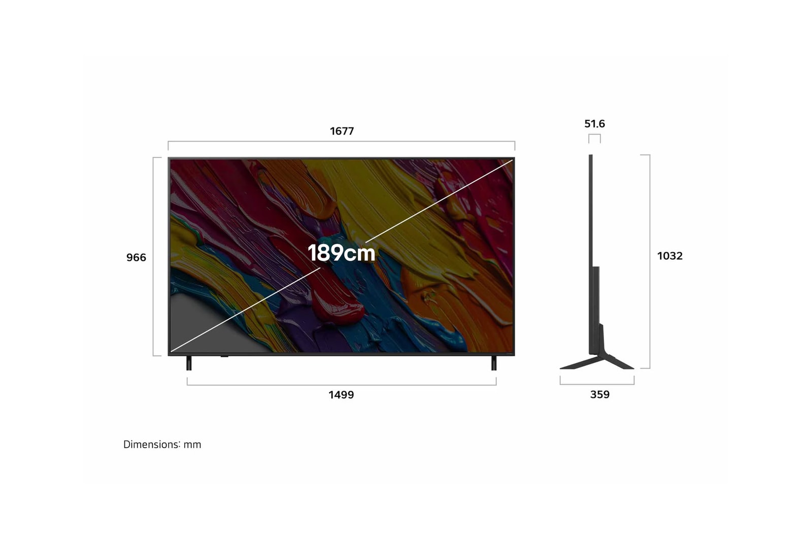 Front view and side view of LG QNED82 AI 4K Smart TV showing its length, width, height, and depth dimensions.