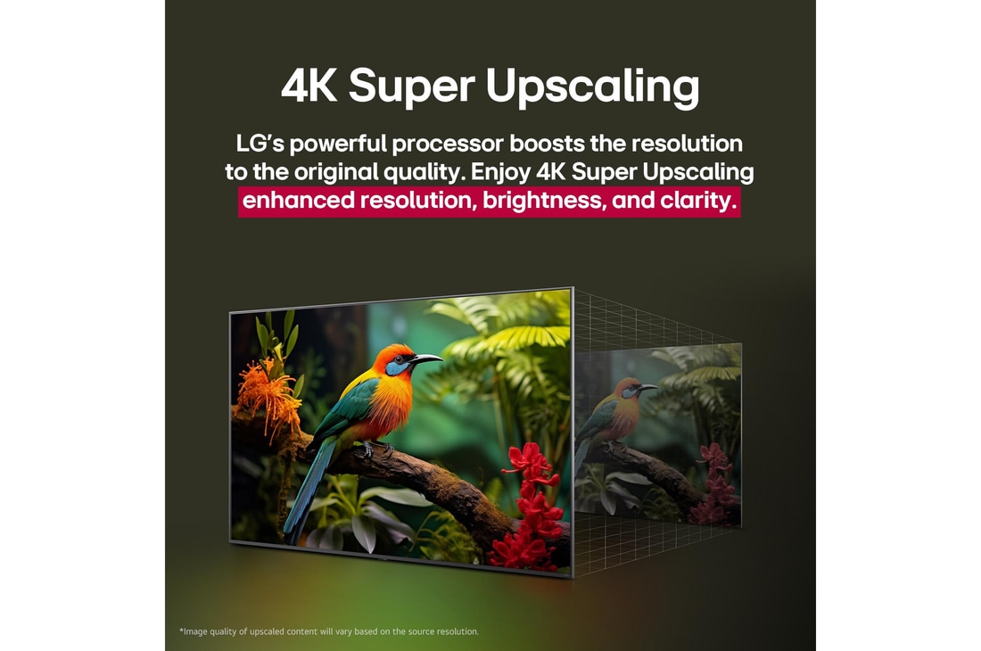 Before and after comparison of how LG 4K Super Upscaling improves image quality. Two panels showing the same image of a colorful bird sitting on a branch in a forest, panel on the right is faded out. The title talks about how 4K Super Upscaling enhances resolution, brightness and clarity. 