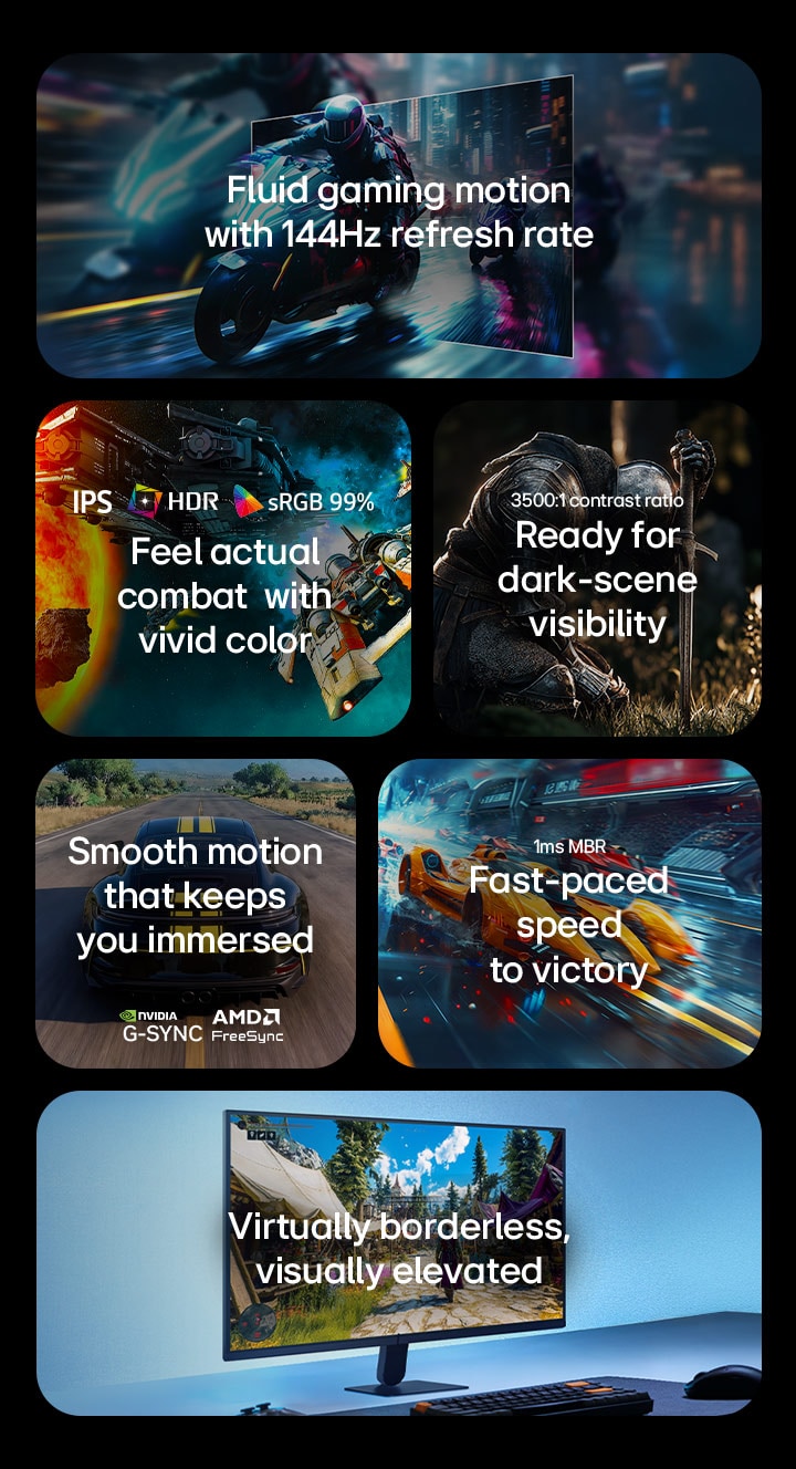 This image presents key features of an LG gaming monitor, including a 144Hz refresh rate for fluid motion, IPS display with HDR and sRGB 99% color for vivid visuals, enhanced dark-scene visibility with a 3500:1 contrast ratio, smooth gameplay with AMD FreeSync support, fast response with 1ms MBR, and a virtually borderless design for an immersive setup.