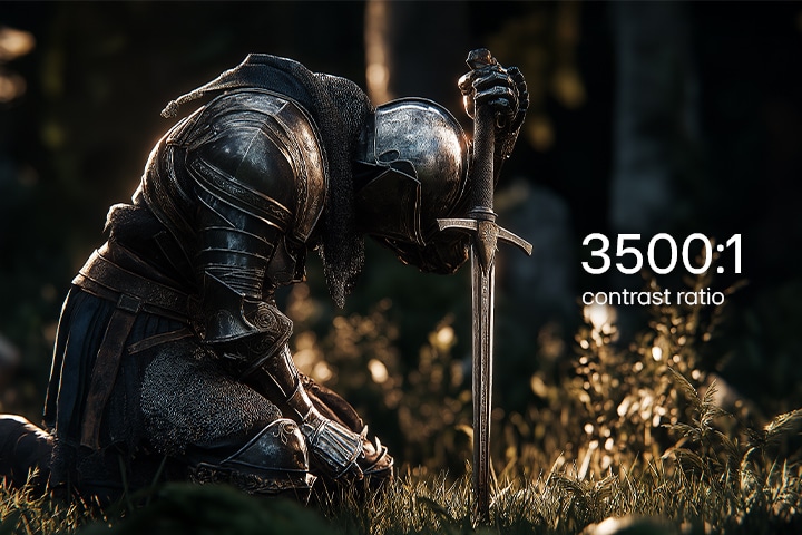 This image showcases a fantasy game scene highlighting a 3500:1 contrast ratio, with deep blacks, bright highlights, and detailed textures for a more immersive visual experience.