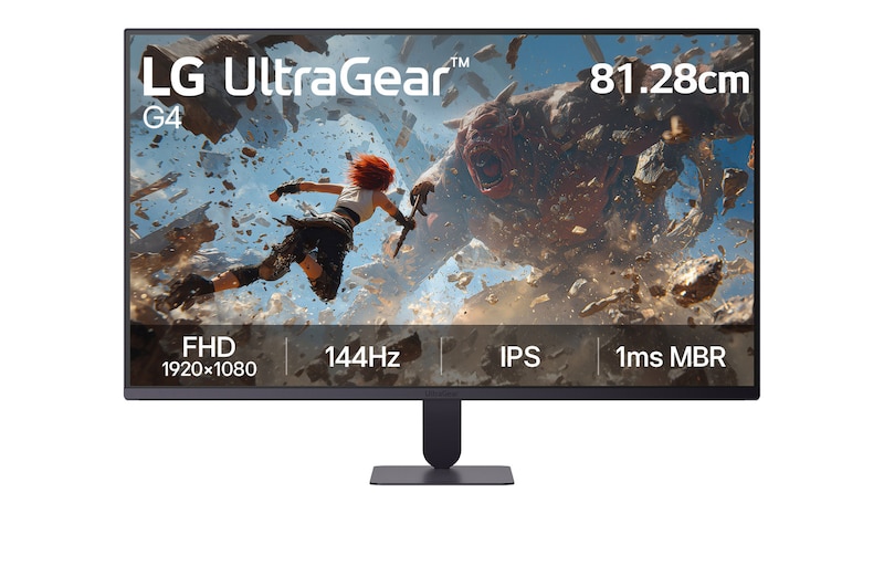This image shows the front view of the LG UltraGear G4 32-inch gaming monitor, featuring IPS display with FHD (1920×1080) resolution, a 144Hz refresh rate, and 1ms MBR, emphasizing fast performance and smooth gameplay for gaming use, displaying game imagery