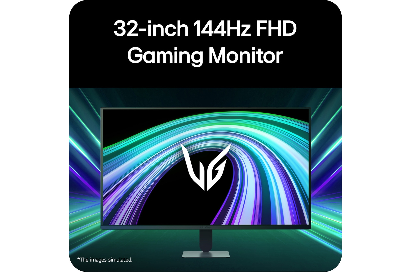 Front view of a gaming monitor displayed in a futuristic, neon-styled environment.