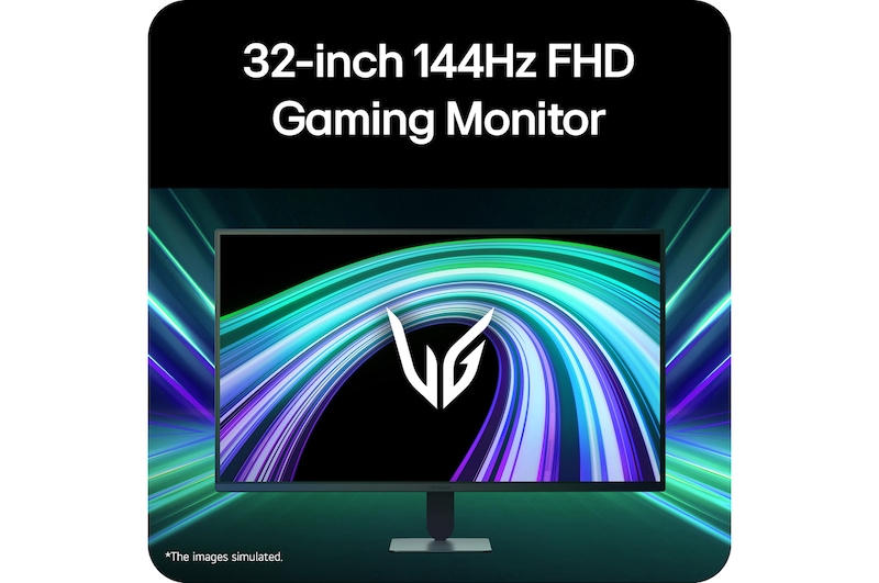 Front view of a gaming monitor displayed in a futuristic, neon-styled environment.