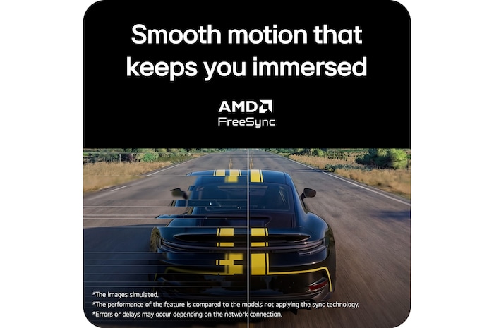 Racing scene displayed on a gaming monitor, featuring Adaptive Sync support with AMD FreeSync for smooth, tear-free gameplay.