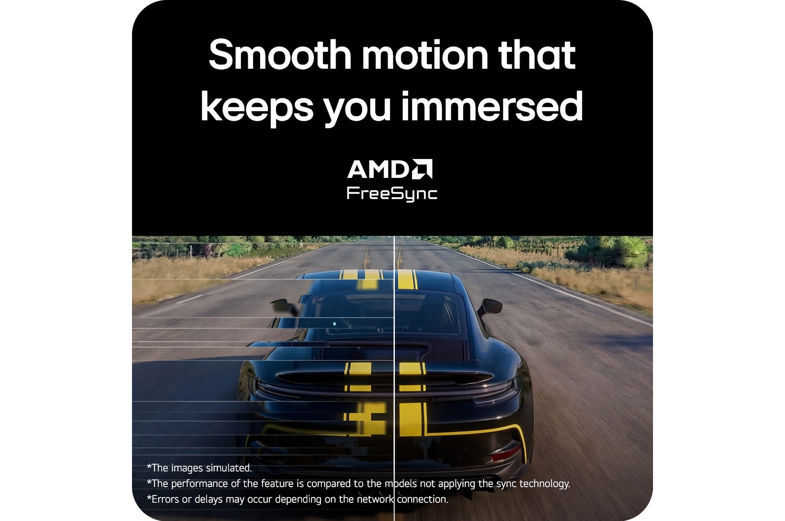 Racing scene displayed on a gaming monitor, featuring Adaptive Sync support with AMD FreeSync for smooth, tear-free gameplay.