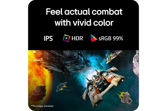 Futuristic battle scene displayed on a gaming monitor, showcasing vivid colors with 99% sRGB color gamut, IPS, and HDR certification.