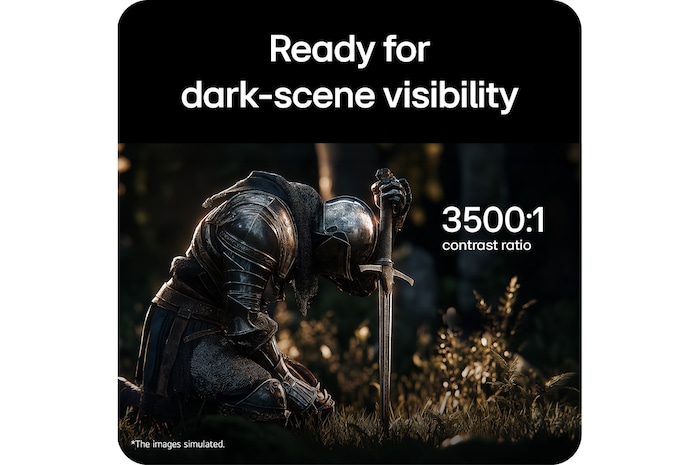 A fantasy game scene highlighting a 3500:1 contrast ratio.