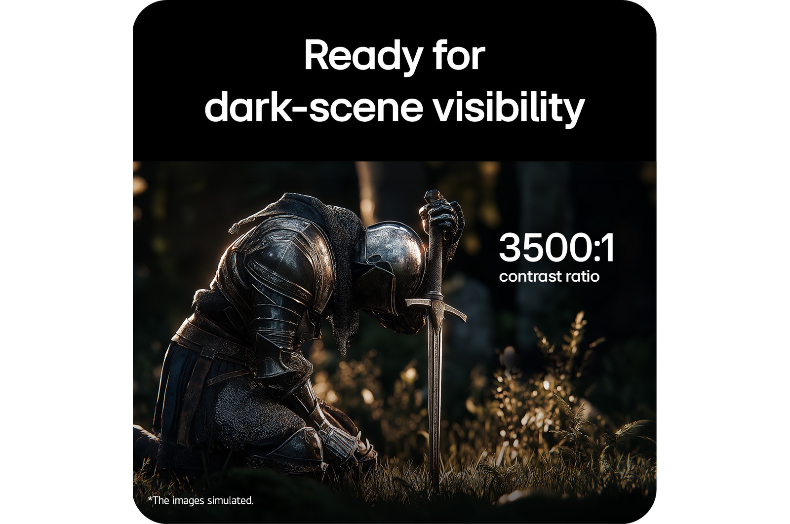 A fantasy game scene highlighting a 3500:1 contrast ratio.
