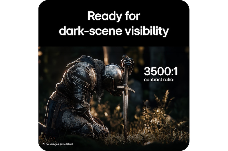 A fantasy game scene highlighting a 3500:1 contrast ratio.