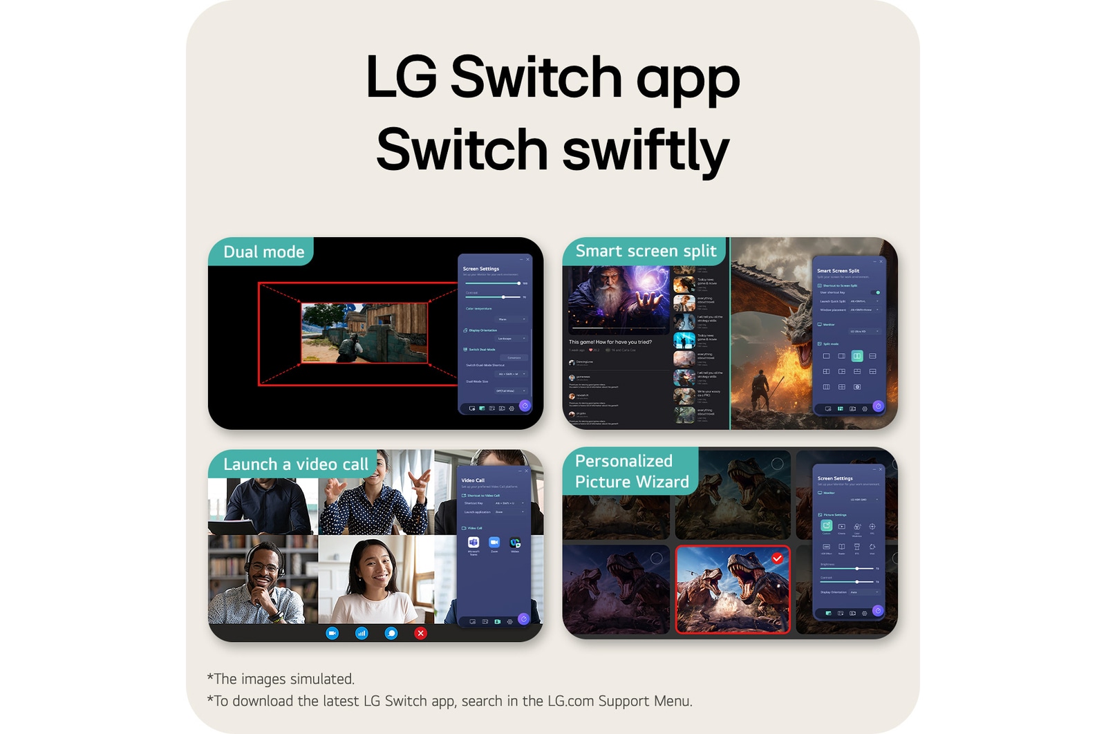 This image highlights the LG Switch app interface, showing features such as Dual mode, Smart screen split, launching a video call, and Personalized Picture Wizard for smarter control and seamless screen switching.