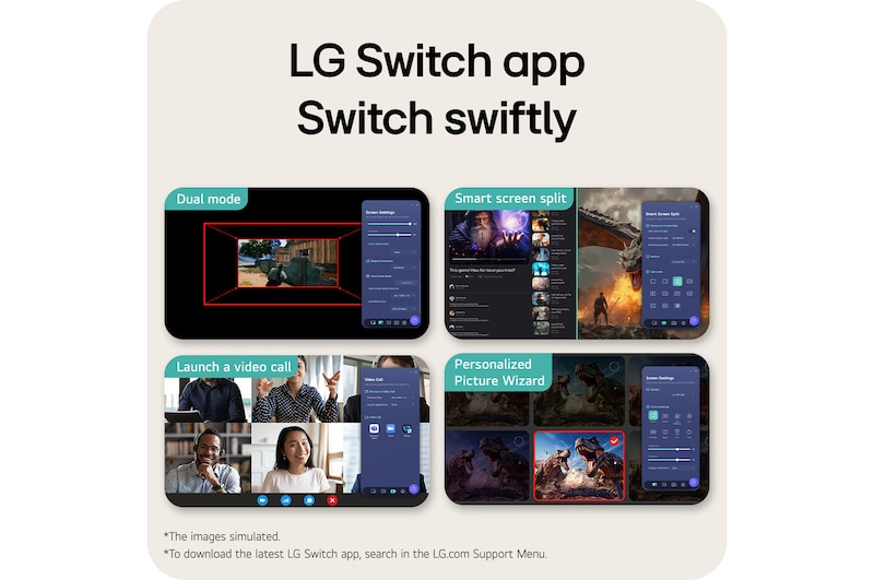 This image highlights the LG Switch app interface, showing features such as Dual mode, Smart screen split, launching a video call, and Personalized Picture Wizard for smarter control and seamless screen switching.