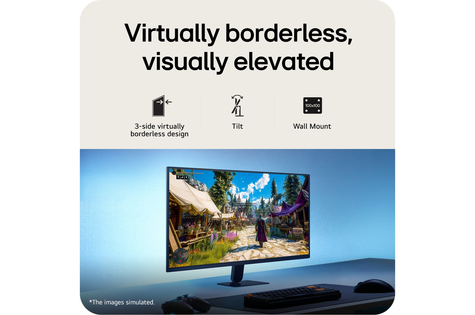 This image shows an UltraGear™ gaming monitor in a desk setup displaying a game scene, with icons indicating 3-side borderless design, tilt support, and wall mount compatibility.