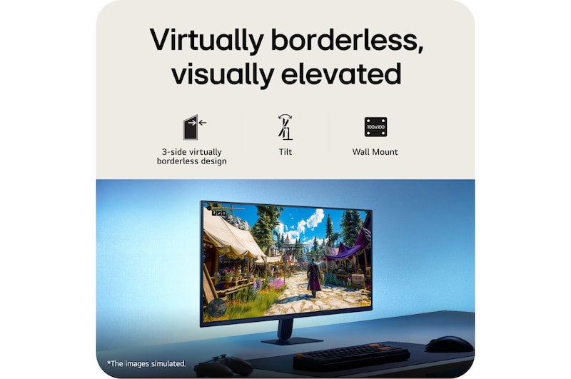 This image shows an UltraGear™ gaming monitor in a desk setup displaying a game scene, with icons indicating 3-side borderless design, tilt support, and wall mount compatibility.