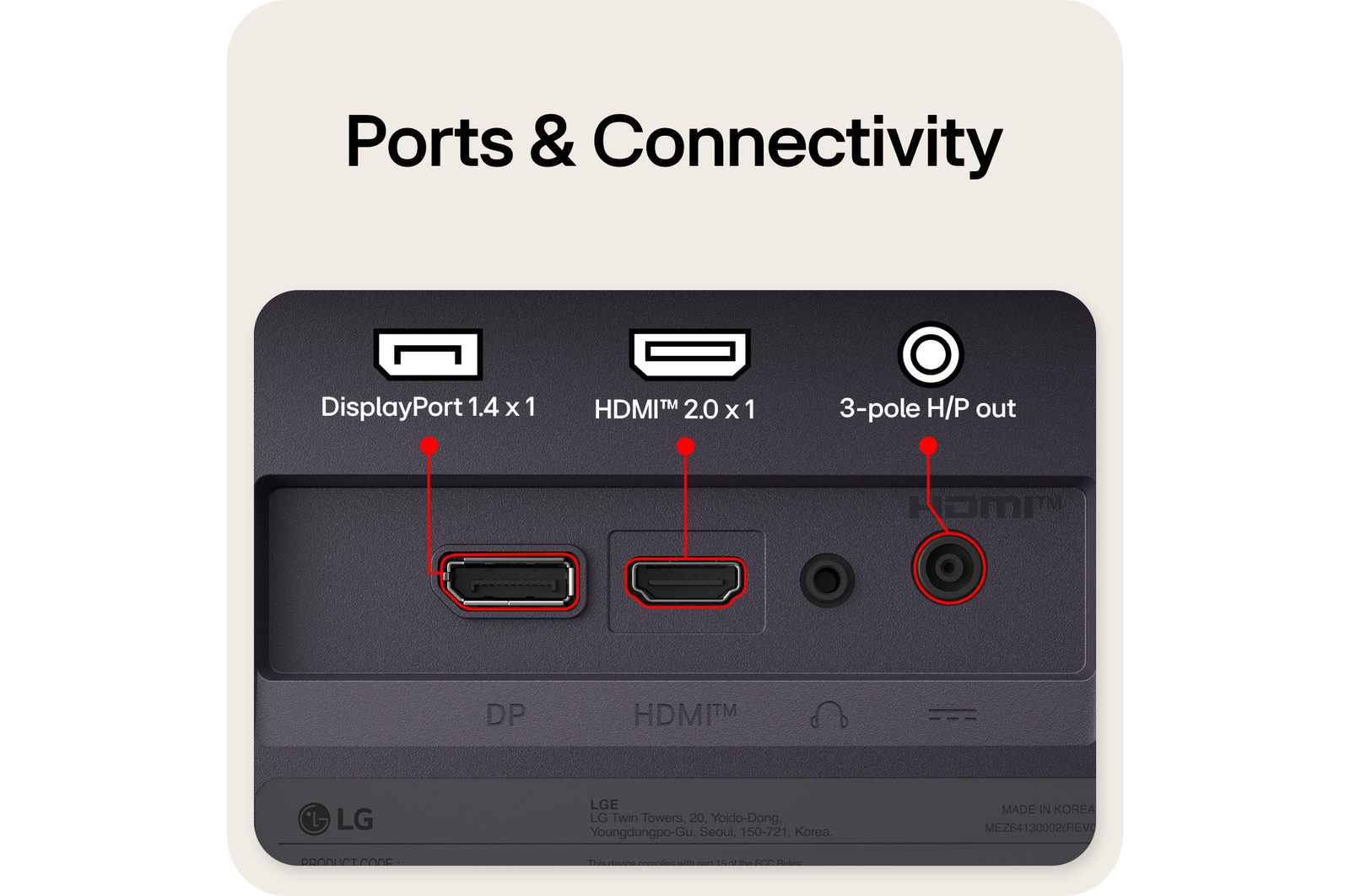 Rear view of a gaming monitor showing its connectivity ports, including one HDMI™ 2.0 input, one DisplayPort 1.4 port, and 3-pole H/P out.
