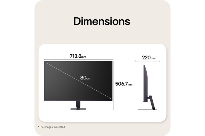 Front and side views of a gaming monitor illustrating its overall dimensions and profile design.