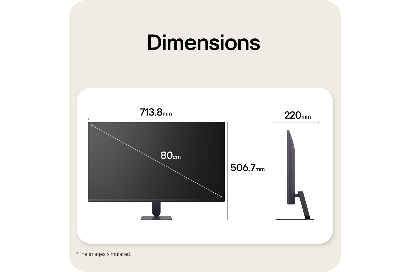Front and side views of a gaming monitor illustrating its overall dimensions and profile design.