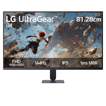 This image shows the front view of the LG UltraGear G4 32-inch gaming monitor, featuring IPS display with FHD (1920×1080) resolution, a 144Hz refresh rate, and 1ms MBR, emphasizing fast performance and smooth gameplay for gaming use, displaying game imagery
