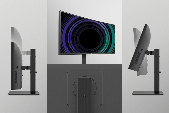 Image showing One Click Stand, Tilt, Height, and Swivel view of the monitors.