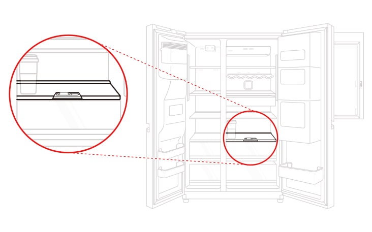 The Refrigerator Vegetable Tray Cover Shelf is located above the Vegetable Tray in the refrigerator compartment.