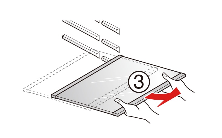 While holding the shelf slightly, tilt the shelf to pull it ou The shelf height can be adjusted by inserting the shelf in another groove of different height