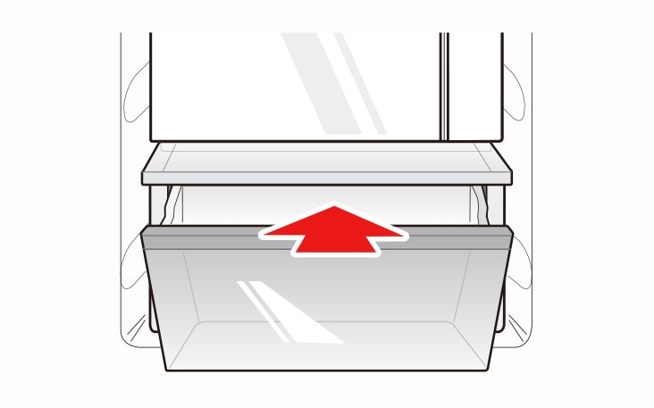 Insert the bottom of the vegetable drawer into its original position and gently push it back in while lowering it
