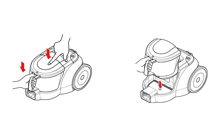 Hold the dust bin handle and press until you hear a click