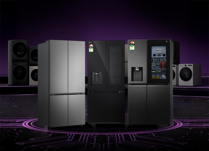 Lineup of LG home appliances including refrigerators, washing machines, dryers, and kitchen appliances displayed on a dark stage with a circuit board pattern floor