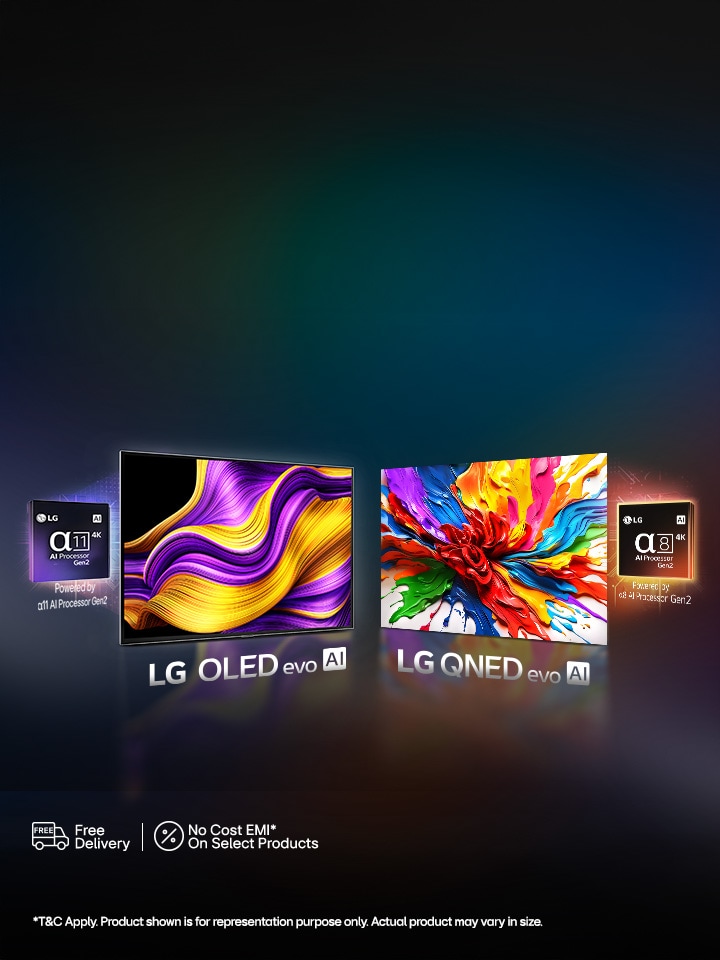 An image of the LG OLED lineup against a black backdrop standing in a triangle formation at angles with LG OLED G3 in the middle facing forward. Each TV shows a colorful and abstract artwork on screen. The "11 Years World's No.1 OLED TV" emblem is also in the image. 